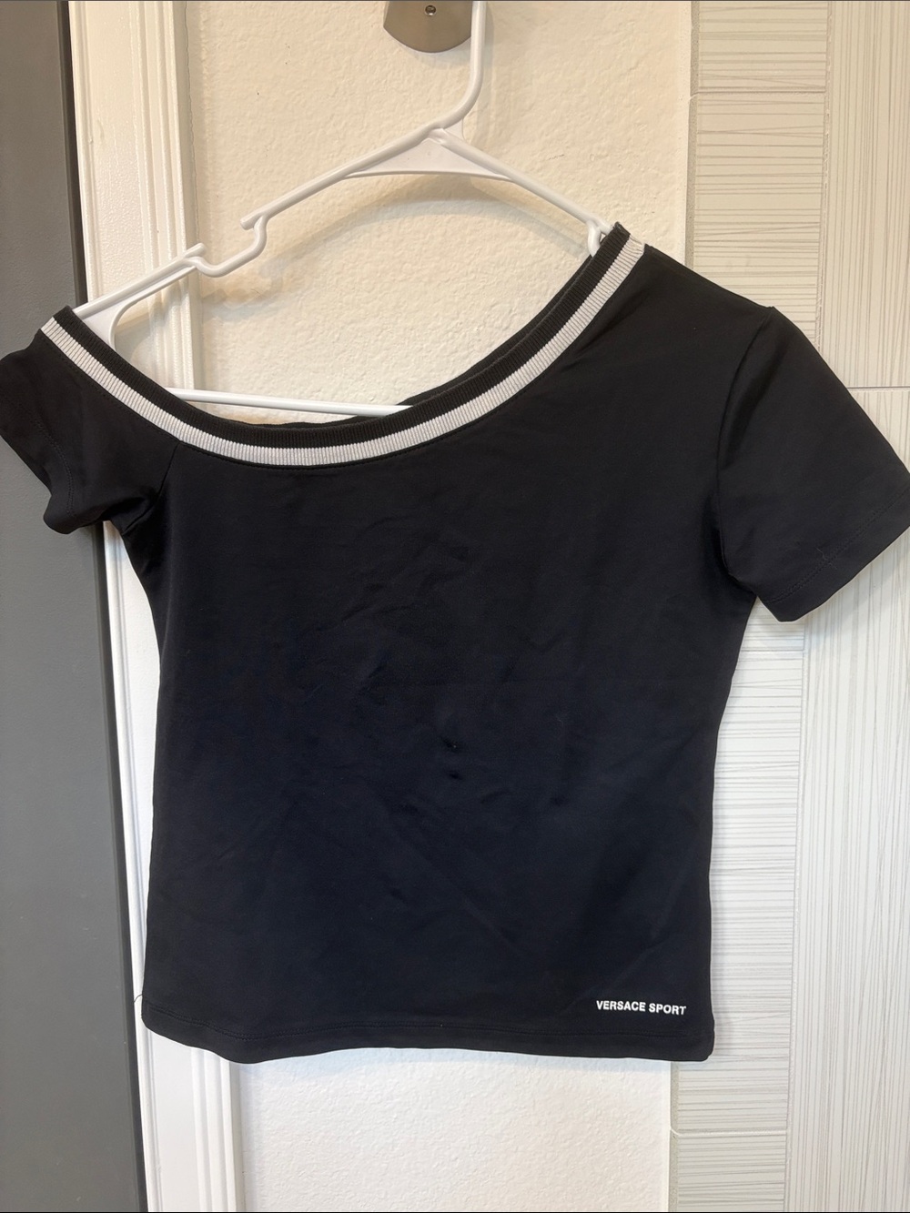 VERSACE SPORT Black Off-Shoulder Short Sleeve Tee with Contrast Trim